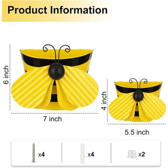 Set of 2 Bee Wall Hanging Planter Decor Art, Metal Wall Mounted Planters - Picture 3 of 8